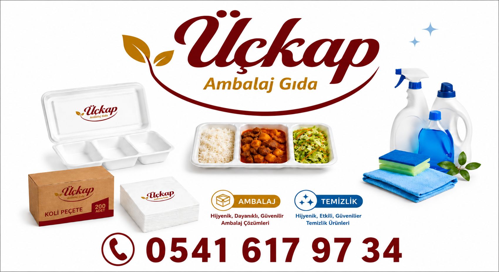 Üçkap Ambalaj Gıda ürünleri: 3 bölmeli köpük yemek tabağı, koli peçete ve temizlik ürünleri